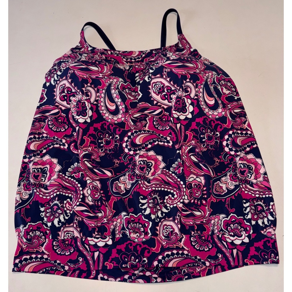 Lands End Women's Pink Navy Paisley Floral Tankini Swim Top Size 16 Bra Support
